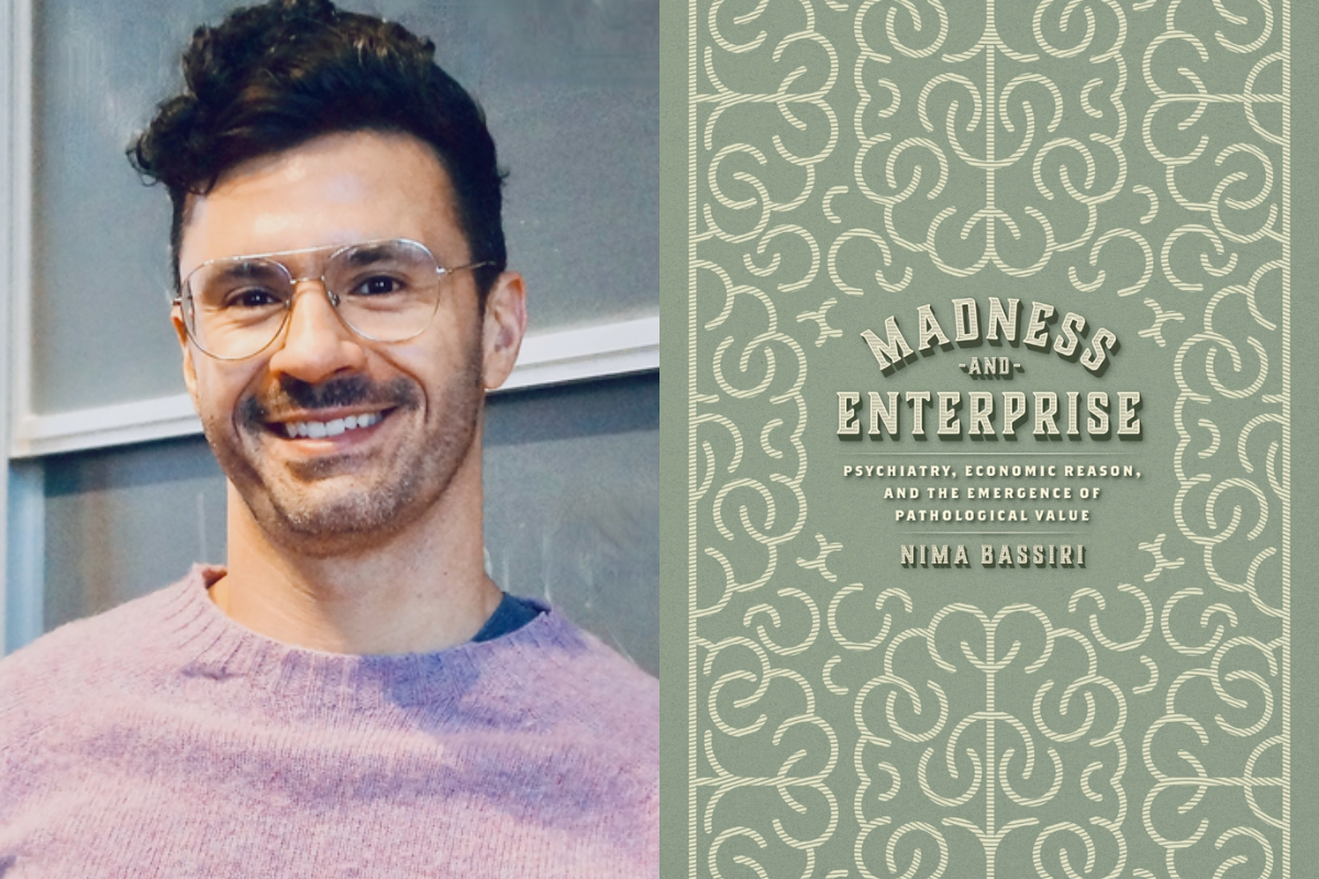 Nima Bassiri headshot with book cover of Madness and Enterprise